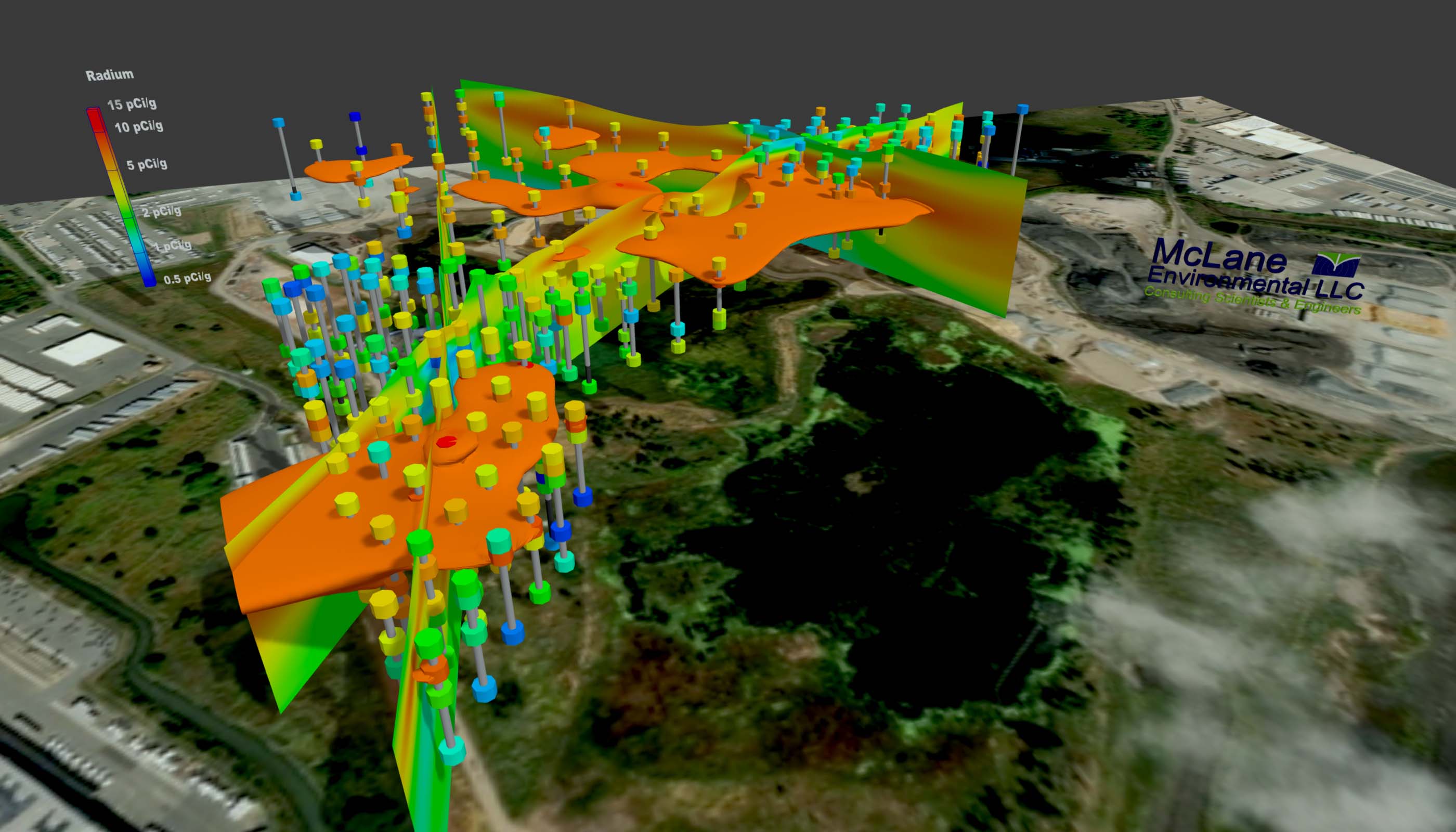 3D model representtion of contaminant concentrations kriged using Earth Volumetric Studio